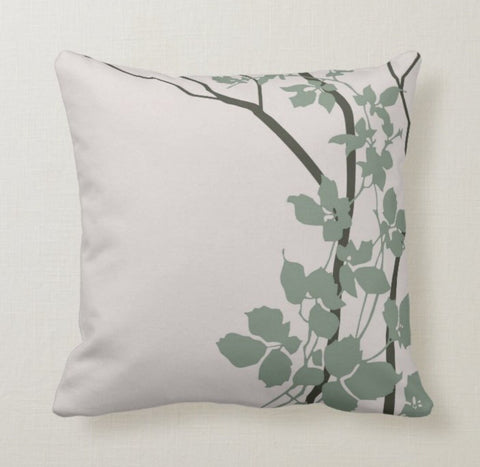 Floral Pillow Cover|Decorative Cushion Case|Green and Gray Flowers Decor|Green Leaves Pillow Case|Housewarming Pillow|Boho Bedding Decor