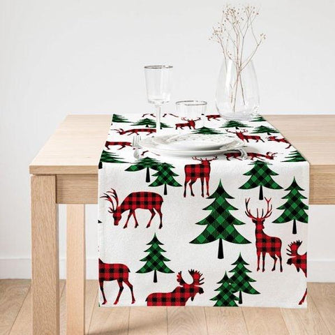 Christmas Table Runner|Winter Trend Table Top|Merry Christmas Home Decor|Checkered Xmas Deer, Xmas Tree Table Decor|Christmas Kitchen Decor