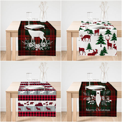 Christmas Table Runner|Winter Trend Table Top|Merry Christmas Home Decor|Checkered Xmas Deer, Xmas Tree Table Decor|Christmas Kitchen Decor