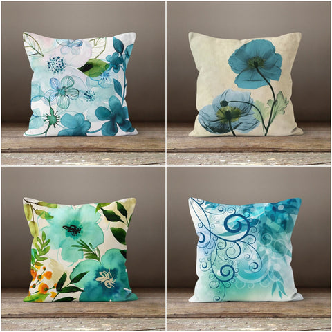 Turquoise Floral Pillow Cover|Summer Trend Pillow Case|Decorative Throw Pillow Top|Blue Home Decor|Farmhouse Style Lumbar Pillow Cover