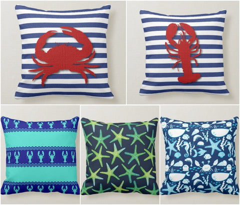 Nautical Pillow Case|Striped Scorpion and Crab Pillow Cover|Decorative Sea Creatures Case|Coastal Throw Pillow|Starfish and Sea Shell Cover