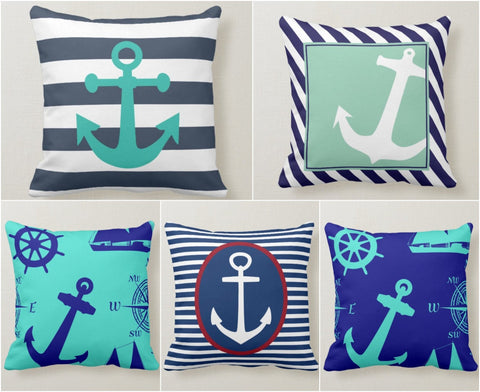 Nautical Pillow Cover|Anchor Throw Pillow Case|Navy Marine Pillow|Decorative Anchor Wheel and Compass Cushion|Coastal Beach House Pillow