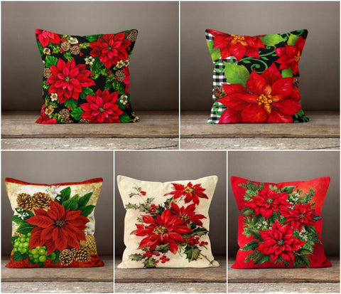 Christmas Flower Pillow|Xmas Red Poinsettia Cushion Case|Winter Trend Pillow Top|Valentine&