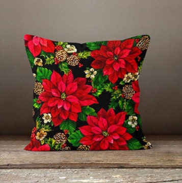 Christmas Flower Pillow|Xmas Red Poinsettia Cushion Case|Winter Trend Pillow Top|Valentine&