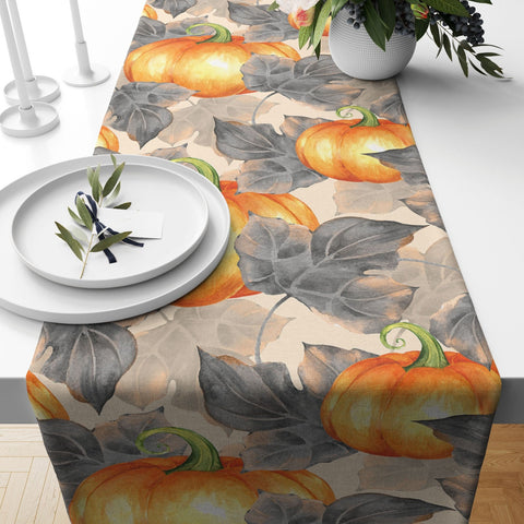 Fall Trend Table Runner|Pumpkin Table Runner|Floral Pumpkin Home Decor|Farmhouse Style Tabletop|Housewarming Pumpkin and Leaves Table Runner
