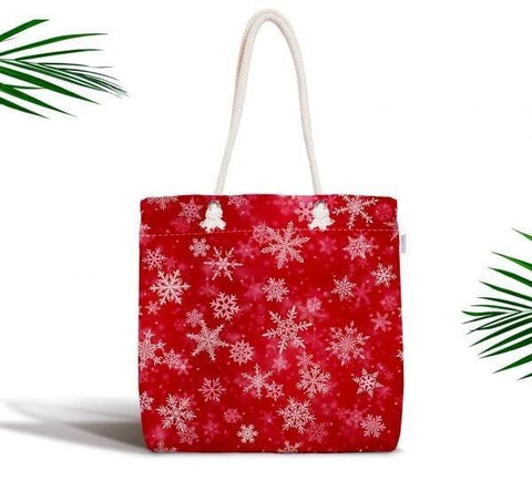 Snowflake Shoulder Bag|Red White Fabric Bag|Geometric Tote Bag|Winter Trend Hand Bag|Snowflake Weekender Bag|Gift for Her|Everyday Use Bag