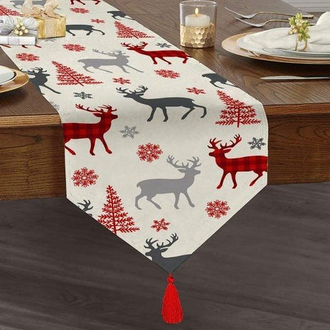 Christmas Table Runner|High Quality Triangle Chenille Table Top|Christmas Decor|Checkered Xmas Deer Print Table Runner|Winter Trend Runner
