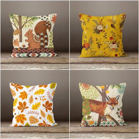 Fall Trend Pillow Cover|Autumn Cushion Case|Leaves Throw Pillow|Squirrel and Fox Pillow Top|Housewarming Farmhouse Style Outdoor Pillow Top
