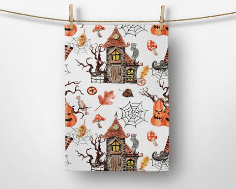 Halloween Kitchen Towel|Carved Pumpkin Dish Towel|Haunted House Hand Towel|Decorative Towel|Ghost Print Tea Towel|Autumn Trend Hand Towel