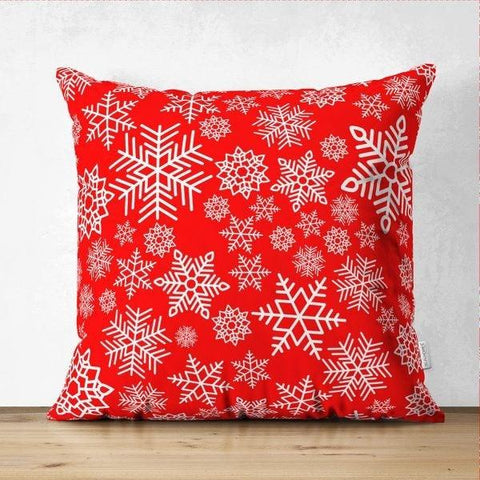 Snowflake Pillow Cover|Winter Home Decor|Suede Winter Cushion Case|Housewarming Gift|Decorative Snowflake Throw Pillow Top|Red White Pillow