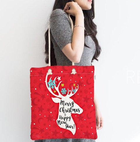 Christmas Shoulder Bag|Christmas Design Fabric Bag|Xmas Deer Tote Bag|Checkered Xmas Bag|Winter Trend Weekender Bag|Gift Large Bag for Her
