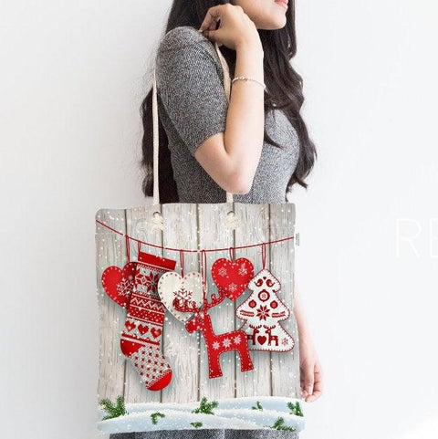 Christmas Shoulder Bag|Christmas Socks and Gloves Fabric Bag|Xmas Deer Tote Bag|New Year Bag|Winter Trend Weekender Bag|Gift Bag for Her
