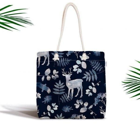 Christmas Shoulder Bag|Xmas Trend Fabric Bag|Xmas Deer and Bird Tote Bag|Xmas Beach Bag|Winter Trend Weekender Bag|Gift Large Bag for Her
