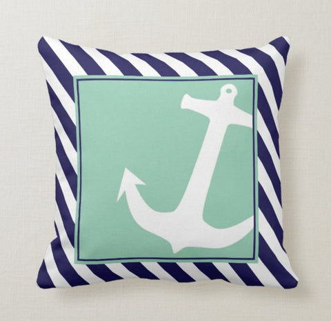 Nautical Pillow Cover|Anchor Throw Pillow Case|Navy Marine Pillow|Decorative Anchor Wheel and Compass Cushion|Coastal Beach House Pillow