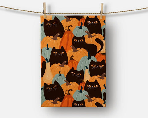 Halloween Kitchen Towel|Pumpkin and Black Cat Dish Towel|Happy Halloween Tea Towel|Decorative Halloween Towel|Trick or Treat Trend Towel