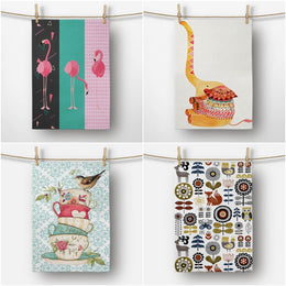 Animal Print Kitchen Towel|Flamingo Dish Towel|Elephant Tea Towel|Housewarming Bird and Cups Hand Towel|Colorful Floral Towel for Restaurant