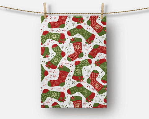 Christmas Kitchen Towel|Christmas Socks Dish Towel|Xmas Tree Hand Towel|Decorative Hand Towel|Dwarf Santa and Ornaments Tea Towel|Xmas Towel