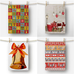 Christmas Kitchen Towel|Christmas Ornaments Dish Towel|Xmas Design Hand Towel|Decorative Hand Towel|Bell with Ribbon Towel|Xmas Hand Towel