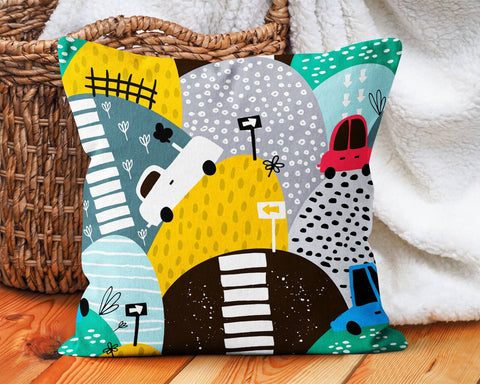 Kids Pillow Cover|Car Print Decorative Pillow Cover|Kids Room Cushion Case|Boho Bedding Decor|Housewarming Cushion|Colorful Throw Pillow