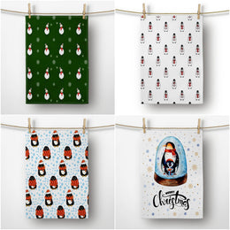 Christmas Kitchen Towel|Cute Penguin and Snowman Dish Towel|Xmas Print Hand Towel|Decorative Hand Towel|Merry Xmas Tea Towel|Xmas Hand Towel