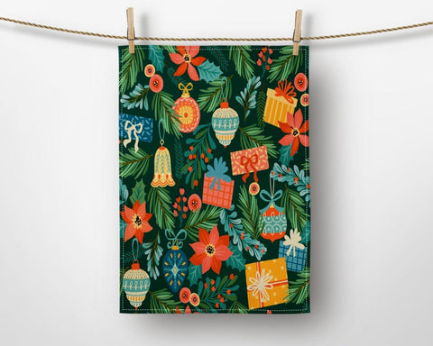 Christmas Kitchen Towel|Xmas Ornaments Print Dish Towel|Xmas Tree Hand Towel|Decorative Hand Towel|Floral Xmas Tea Towel|Xmas Hand Towel