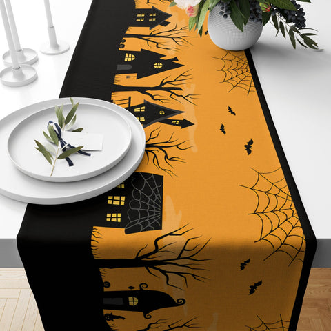 Halloween Table Runner|Haunted House Table Runner|Ghost and Skull Table Runner|Bat Cat Spider Home Decor|Scary Pumpkin Themed Table Top