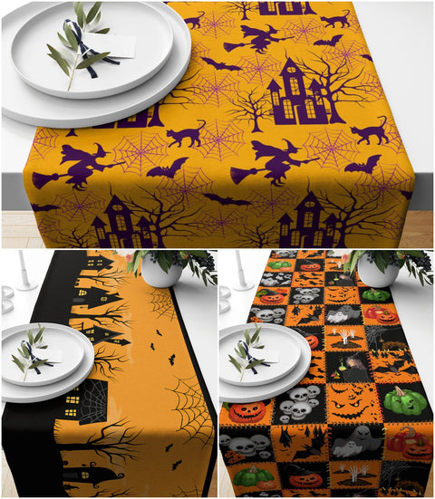 Halloween Table Runner|Haunted House Table Runner|Ghost and Skull Table Runner|Bat Cat Spider Home Decor|Scary Pumpkin Themed Table Top