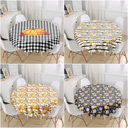 Fall Trend Tablecloth|Pumpkin Print Round Table Linen|Housewarming Autumn Kitchen Decor|Checkered Tablecloth|Circle Hello Fall Tablecloth