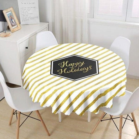 Christmas Tablecloth|Round Merry Xmas Table Linen|Housewarming Xmas Kitchen Decor|Gold Black White Tablecloth|Circle Design Xmas Tablecloth