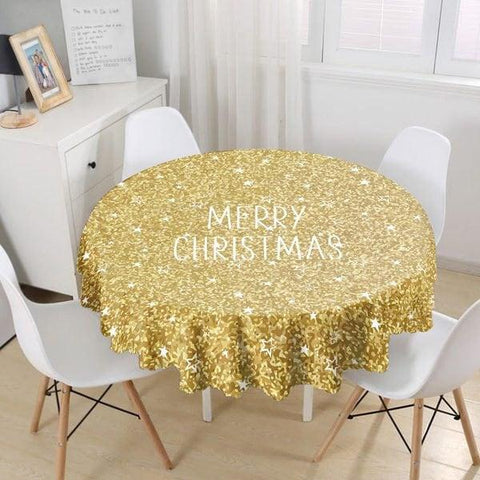 Christmas Tablecloth|Round Merry Xmas Table Linen|Housewarming Xmas Kitchen Decor|Gold Black White Tablecloth|Circle Design Xmas Tablecloth