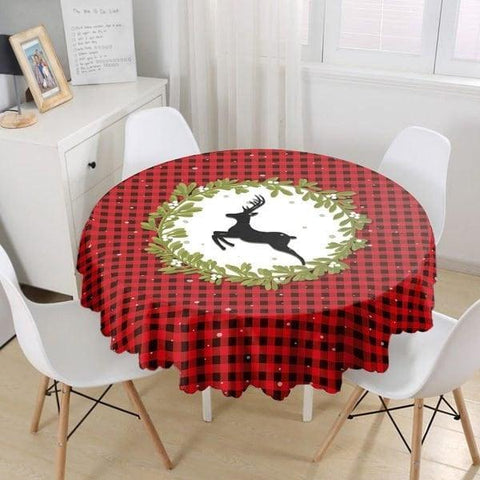Christmas Tablecloth|Round Buckhorn Print Table Linen|Decorative Xmas Deer Kitchen Decor|Xmas Design Tablecloth|Circle Design Xmas Table Top