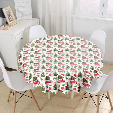 Christmas Tablecloth|Round Xmas Deer and Tree Table Linen|Housewarming Checkered Leaves Kitchen Decor|Red Car with Xmas Tree Tablecloth