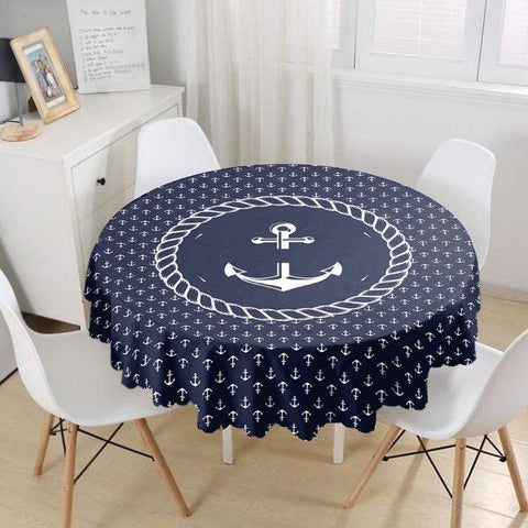 Nautical Tablecloth|Navy Anchor Print Round Table Linen|Coastal Kitchen Decor|Striped and Zigzag Tablecloth|Circle Beach House Table Cover