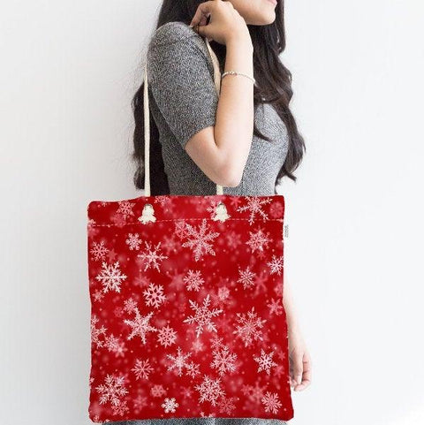 Snowflake Shoulder Bag|Red White Fabric Bag|Geometric Tote Bag|Winter Trend Hand Bag|Snowflake Weekender Bag|Gift for Her|Everyday Use Bag