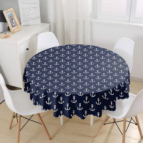 Nautical Tablecloth|Navy Anchor Print Round Table Linen|Coastal Kitchen Decor for Yacht|Navy Wheel Tablecloth|Circle Beach House Table Top