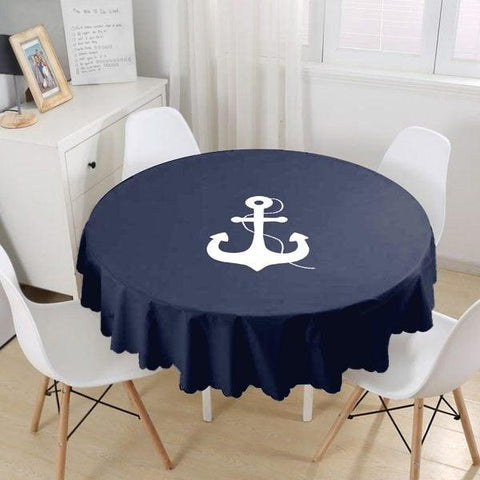Nautical Tablecloth|Navy Anchor Print Round Table Linen|Coastal Kitchen Decor|Life Saver Tablecloth|Circle Striped Beach House Table Cover