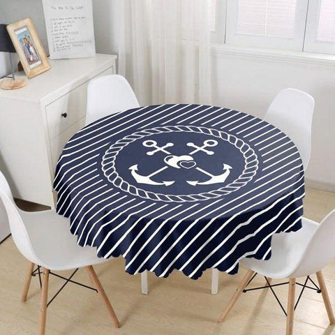 Nautical Tablecloth|Navy Wheel and Anchor Print Round Table Linen|Coastal Kitchen Decor|Blue Cruise Tablecloth|Circle Striped Dotted Table