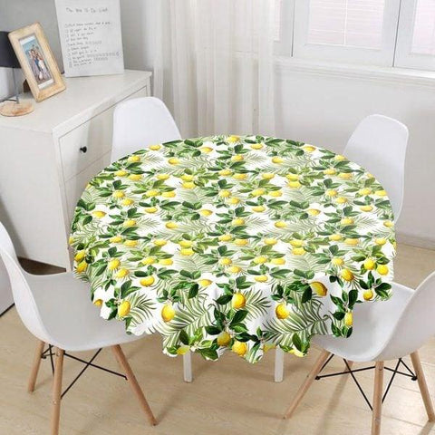 Lemon Tablecloth|Round Floral Lemon Table Linen|Farmhouse Kitchen Decor|Fresh Citrus Table Top|Circle Yellow Lemon with Green Leaves Table