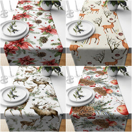 Christmas Table Runner|Winter Trend Dinner Table Runner|Xmas Deer Home Decor|Floral Pine Cone and Needle Table Decor|Cute Deer Tablecloth