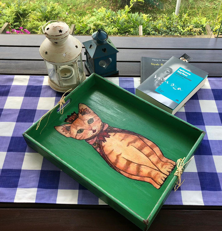 Hand Painted Cat Wooden Tray|Wooden Coffee Table Decor|Acrylic Paint Serving Tray|Housewarming Gift for Women|Cute Cat Wooden Art|Cat Love