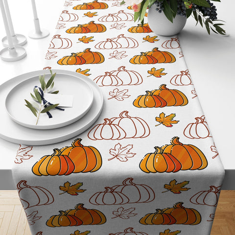 Fall Trend Table Runner|Orange Green Black White Pumpkin Tablecloth|Hello Autumn Table Top|Farmhouse Table Linen|Checkered Fall Color Decor