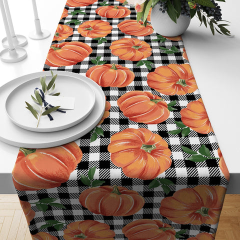 Fall Trend Table Runner|Orange and White Pumpkin Table Runner|Checkered Fall Themed Home Decor|Farmhouse Style Tabletop|Pumpkin Table Linen