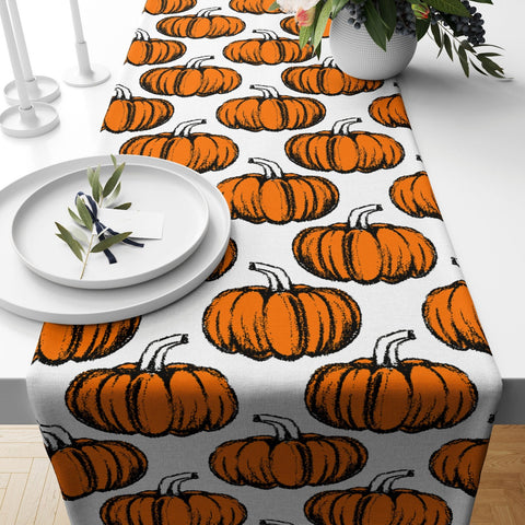 Fall Trend Table Runner|Orange and White Pumpkin Table Runner|Checkered Fall Themed Home Decor|Farmhouse Style Tabletop|Pumpkin Table Linen