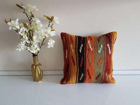 Vintage Kilim Pillow Cover|Turkish Kilim Pillow Cover|Antique Ottoman Throw Pillow Cover|Boho Bedding Decor|Handwoven Rug Cushion Case 16x16