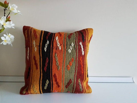 Vintage Kilim Pillow Cover|Turkish Kilim Pillow Cover|Antique Ottoman Throw Pillow Cover|Boho Bedding Decor|Handwoven Rug Cushion Case 16x16