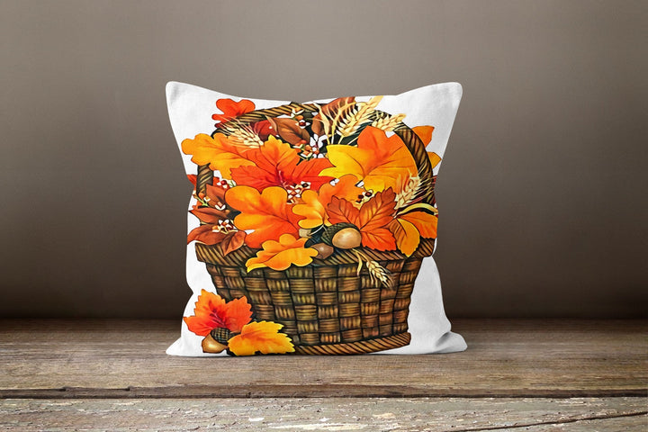 Thanksgiving Pillow Cover|Orange Leaves in Basket Cushion Case|Happy Thanksgiving Throw Pillow|Housewarming Autumn Trend Plaid Pillow Top