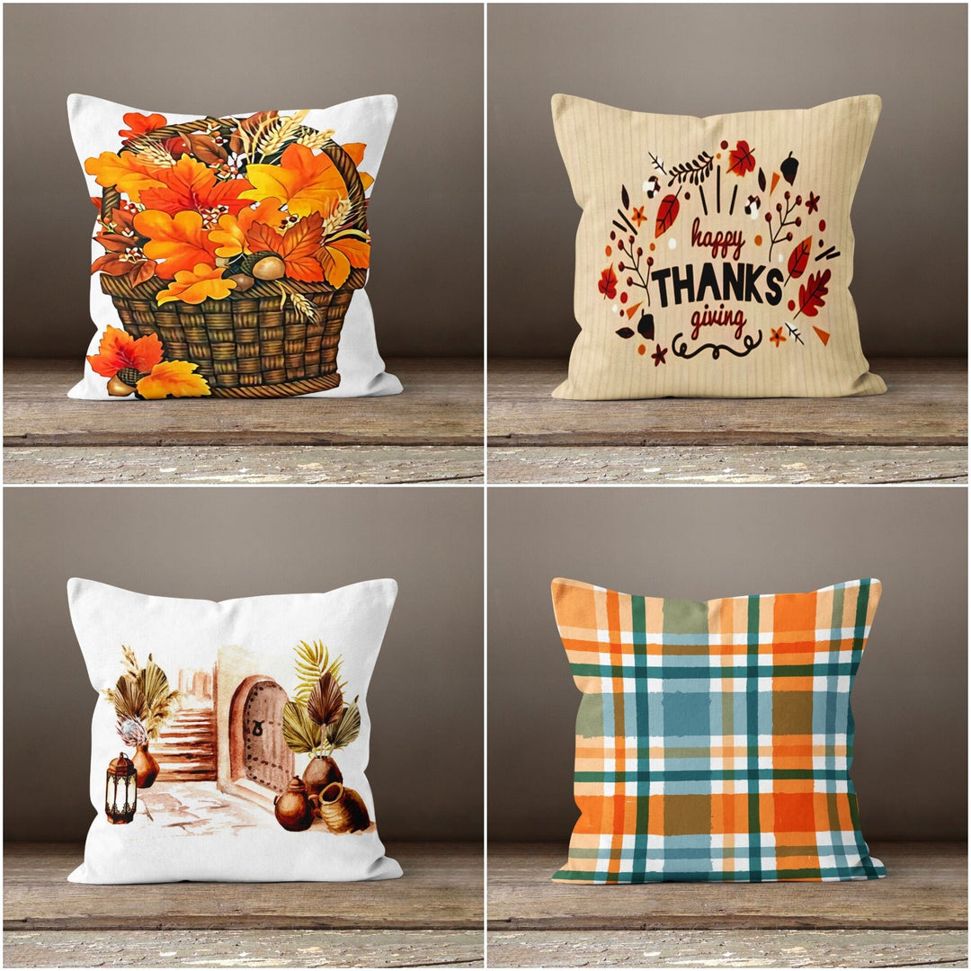 Thanksgiving Pillow Cover|Orange Leaves in Basket Cushion Case|Happy Thanksgiving Throw Pillow|Housewarming Autumn Trend Plaid Pillow Top