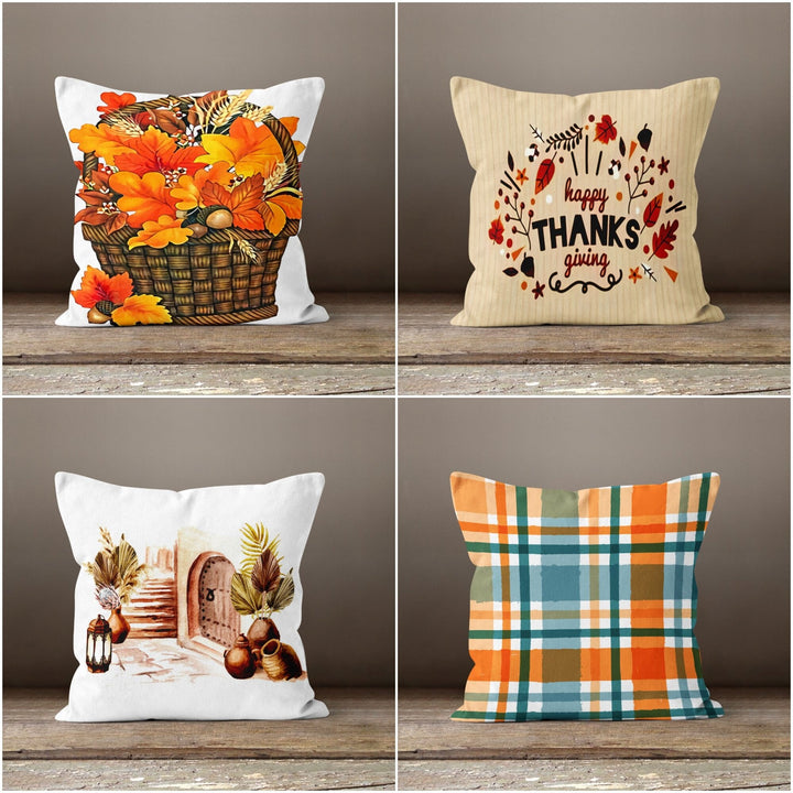 Thanksgiving Pillow Cover|Orange Leaves in Basket Cushion Case|Happy Thanksgiving Throw Pillow|Housewarming Autumn Trend Plaid Pillow Top