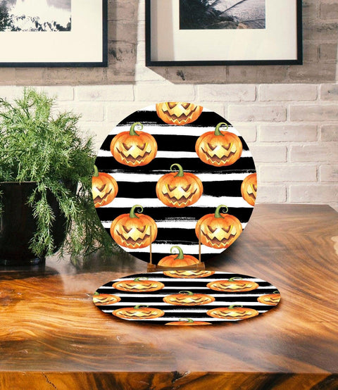 Set of 2 Halloween Placemat|Fall Trend Home Decor|Pumpkin Supla Table Mat|Carved Pumpkin Round American Service Dining Underplate, Coasters