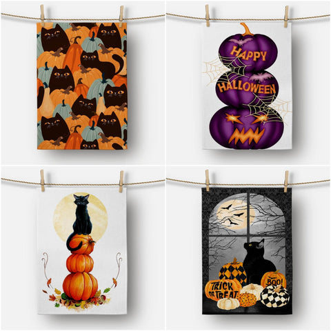 Halloween Kitchen Towel|Pumpkin and Black Cat Dish Towel|Happy Halloween Tea Towel|Decorative Halloween Towel|Trick or Treat Trend Towel